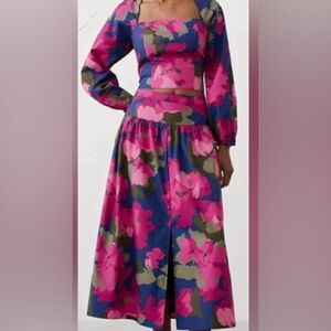 Banana Republic Pink, Green, Navy Floral Skirt & Top Set/Cotton Poplin: Size M